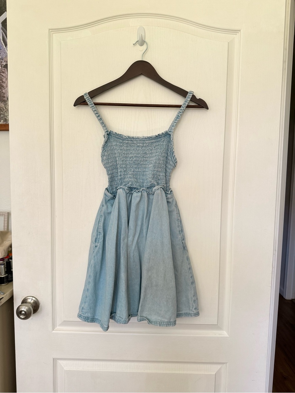 Smocked denim dress with pockets from AE